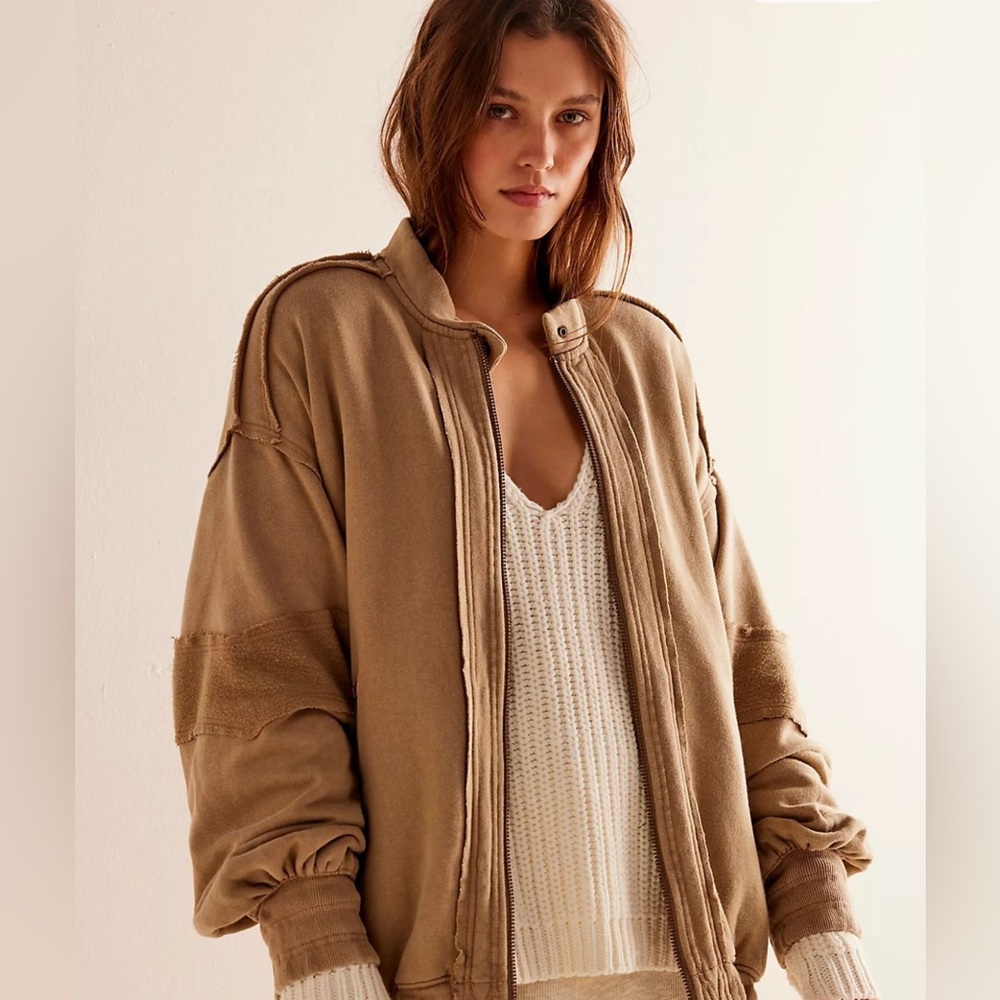 Free People NWOT We the Free Beige Lou Moto‎ Jacket size Large Oversized Fit - Picture 2 of 11